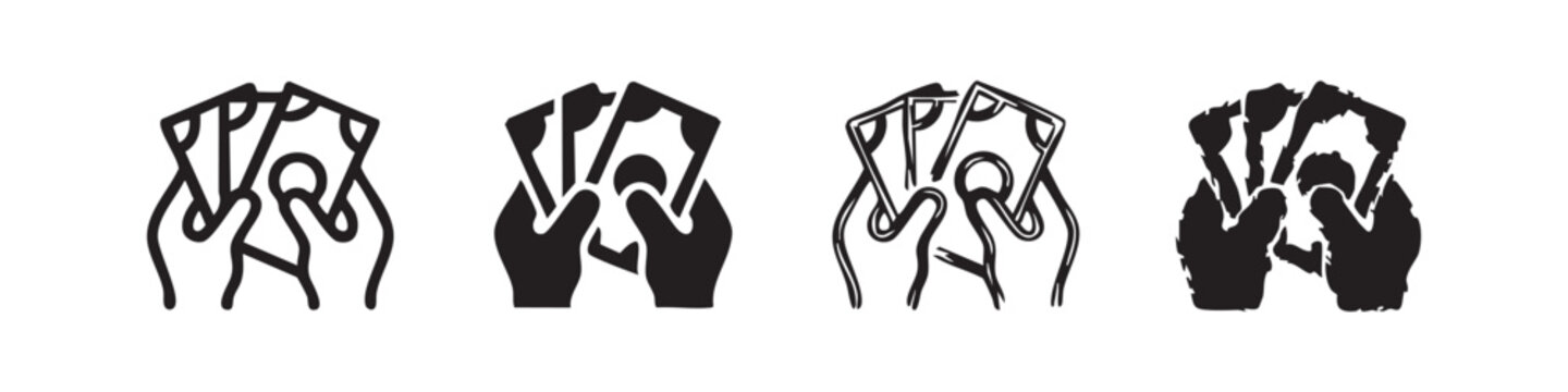 Hands holding playing cards icon set, outlined and solid
