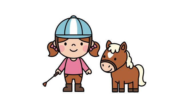 Little girl with brown pony horse.