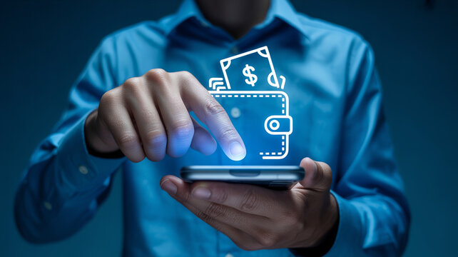 A person uses a smartphone to access a digital wallet with money showcasing modern online banking and financial technology