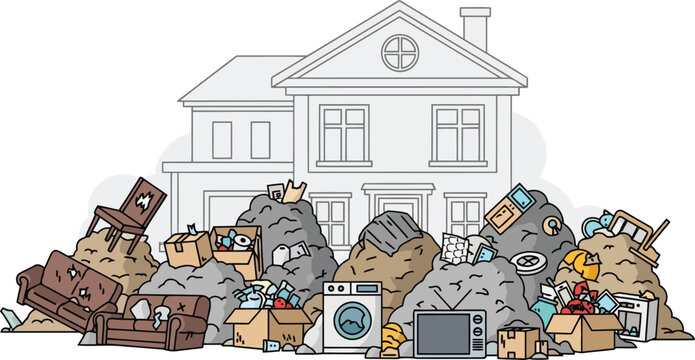 Residential Property Estate Cleanout Concept - Large House with Piles of Household Junk, Broken Furniture, and Appliances