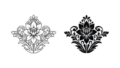 Ornate floral damask pattern motif icon set as outline and solid black silhouette vector design for luxury textile and wallpaper graphics isolated on white background © Lucid