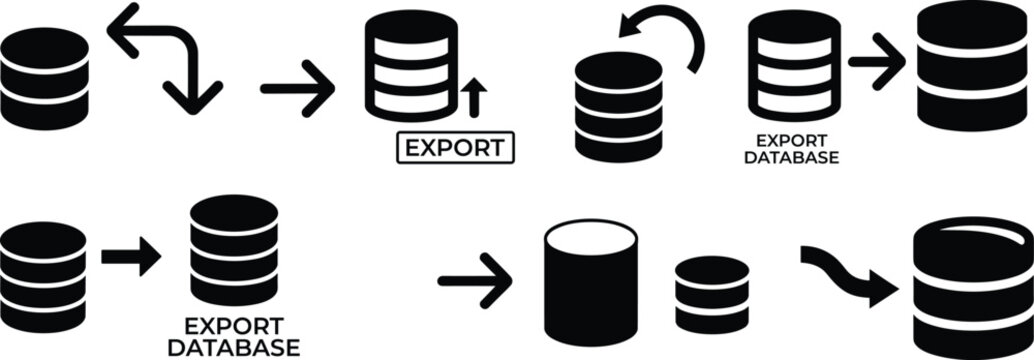 Database export and data transfer icon set featuring arrows, storage systems, migration process, and backup symbols in solid style design