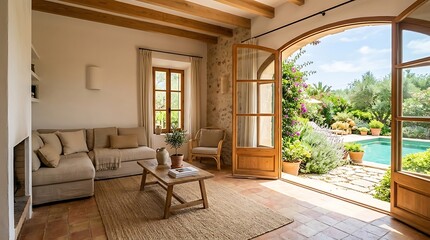 Obraz premium Cozy living room with rustic charm opening to a sunny Mediterranean garden and swimming pool, inviting relaxation and vacation vibes