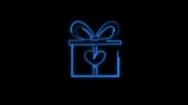 Glowing gift box icon. Neon line gift box moving on black background. enhanced for festive digital UI visuals and modern motion design