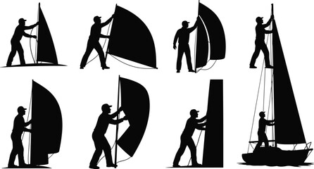 Professional Silhouette Collection of Sailors and Yachtsmen Adjusting Sails and Rigging on Sailboats for Nautical Sports Isolated on White Background © Arifa