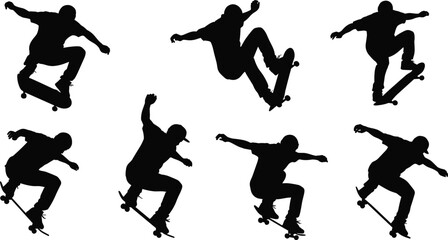 Set of Professional Silhouette Illustrations Featuring Skateboarders Performing Dynamic Air Tricks Jumps and Stunts Isolated on a White Background © Arifa