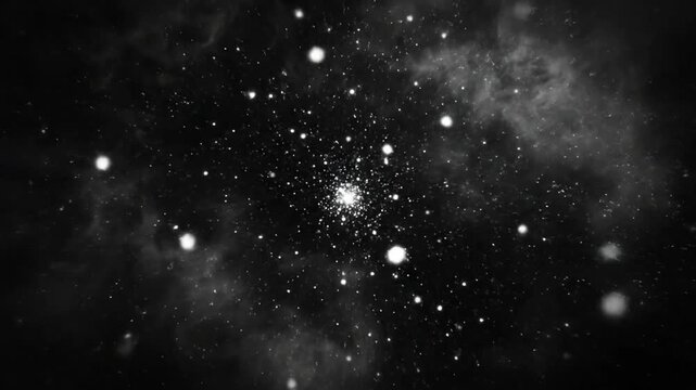 Abstract star cluster animation with bright central light particles against dark universe background for science or technology