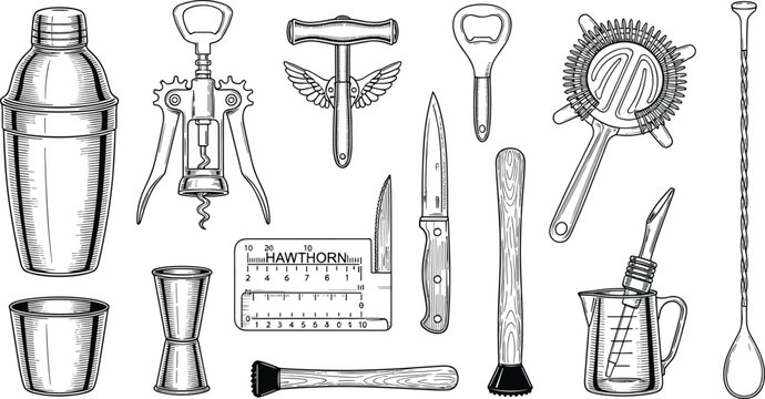 Detailed black and white vector illustration of bartending and cocktail tools for mixology and beverage preparation design