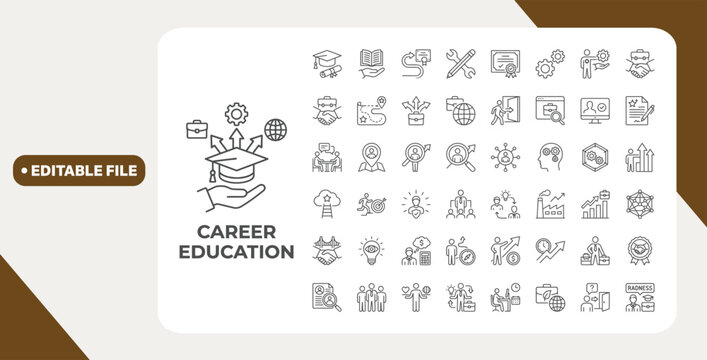 Career Education line editable icon set. Contain icons related to career, education, training, skills, development, learning, mentorship, employment, and more. Editable stroke. Vector Illustration