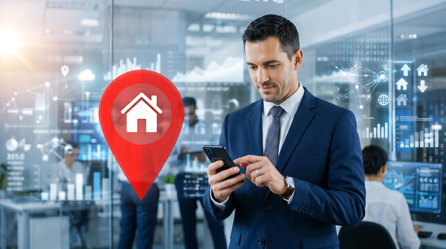 Man using smartphone with real estate location pin overlay in modern city setting