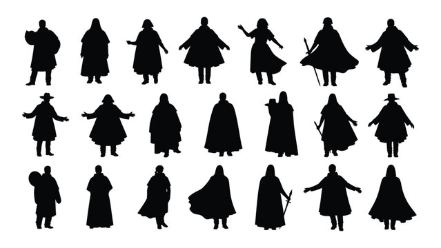 collection of black silhouettes depicting people in historical clothing and poses on a white background high quality professional detailed modern elegant
