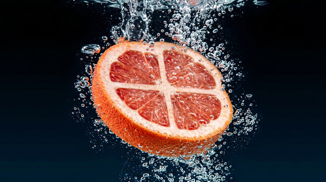 A freshly sliced pink grapefruit half dramatically plunges into clear cool water, creating a dynamic splash and effervescent bubbles against a dark background, highlighting its juicy segments.