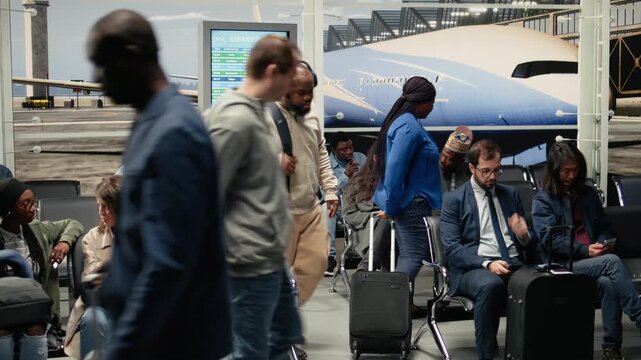 Travelling, smiling and women in airport exploring foreign country local attractions. Chatting, phone and friends in transit hub next to people waiting during long flight layover, camera A