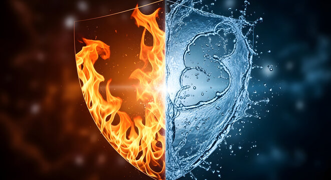 Shield of fire and water elements, conceptual illustration of protection and balance between heat and cold, digital artwork