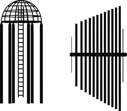 Abstract geometric architectural structures featuring dome grid with vertical columns, central ladder element, and parallel bars emphasizing symmetry and perspective