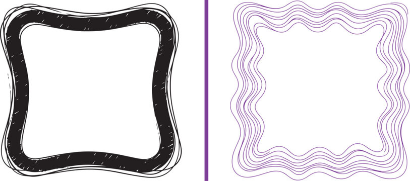 Hand drawn wavy square frames in black and purple vector. Ideal for creative borders, photo frames, and decorative graphic design elements