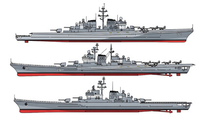 2D AutoCAD designs showcase three naval warships with detailed structures © Stock Image Paradise