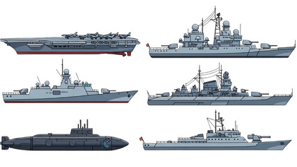 Detailed 2D AutoCAD designs of naval fleet including submarine and warships © Stock Image Paradise