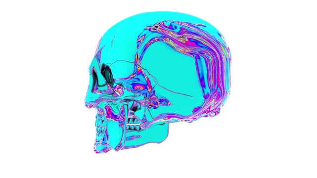 Abstract iridescent skull model displays vibrant colors and intricate patterns while rotating against a bright white background,  in the form of a green screen for overlay on video