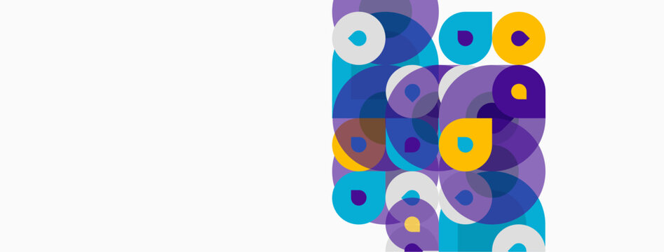 Abstract circles overlap, creating vibrant purple, blue, yellow patterns. Minimalist design with significant negative space. Modern, colorful composition.