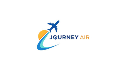 Fototapeta premium Designing 2D AutoCAD blue airplane logo with JOURNEY AIR text on yellow sun background