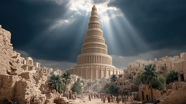 The Tower of Babel rising into the sky, dramatic biblical scene of ambitious construction, ancient architecture with scaffolding and workers, symbolizing human ambition and divine intervention