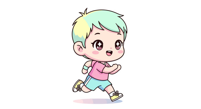 Little boy running with happy expression.