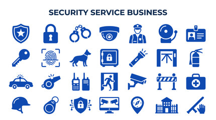 Fototapeta premium Security service business icons collection representing protection safety law enforcement and emergency response with professional industry symbols