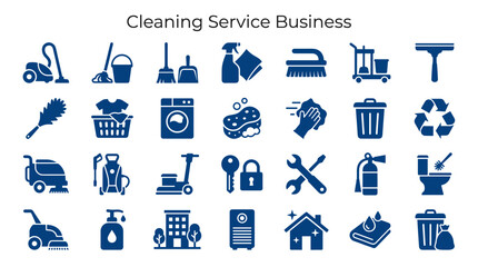 Diverse cleaning service business icons set representing various cleaning tools equipment and supplies for household and commercial cleaning tasks © Iconique Studio