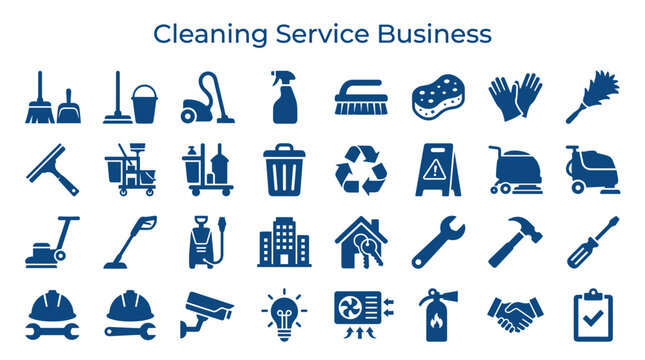 Cleaning service business icons representing professional cleaning tools equipment and services for home and office maintenance