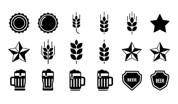 Beer Brewery Icon Set with Wheat Barley Mug Bottle Star Badge and Craft Brewing Symbols for Pub Branding Beverage Packaging and Festival Design