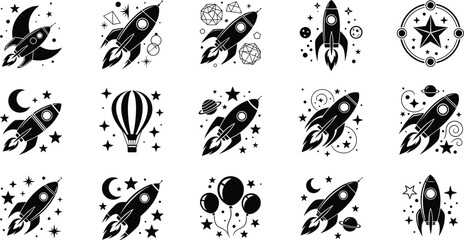 Space rocket ship icon set with stars planets moon balloons and hot air balloon silhouettes for galaxy exploration adventure design © AnantaKumar