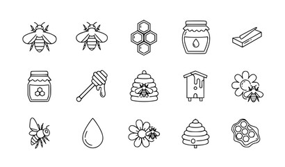 Beekeeping Honey Icon Set with Bee Hive Honey Jar Honeycomb Dipper Beeswax and Floral Pollination Symbols for Organic Farming and Nature Design © MINARA