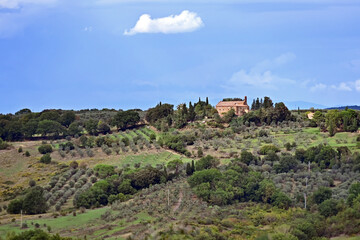 Obraz premium Camprena, il panorama sulle colline del senese dal Monastero di Sant'Anna in Camprena, Siena, Val d'Orcia, Toscana