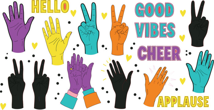 Colorful, hand, gesture, illustration, set, featuring, peace, signs,, waving,, and, clapping, hands, with, positive, text, like, hello,, cheer,, and, applause.