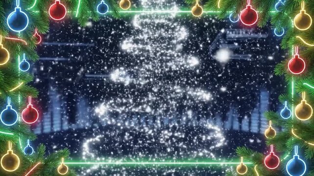 Festive holiday season background with colorful glowing ornaments and falling snowflakes, perfect for seasonal greetings and celebrations
