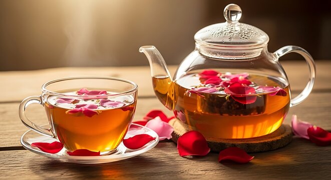Tea pot and cups arranged for an afternoon tea party