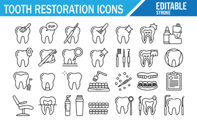 Naklejka premium Dentistry Line Icons Set for Tooth Repair Implant and Oral Care Design