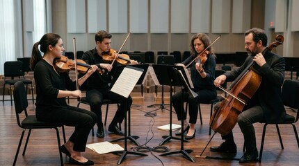 Fototapeta premium Four musicians playing string instruments in a rehearsal space with music sheets and chairs