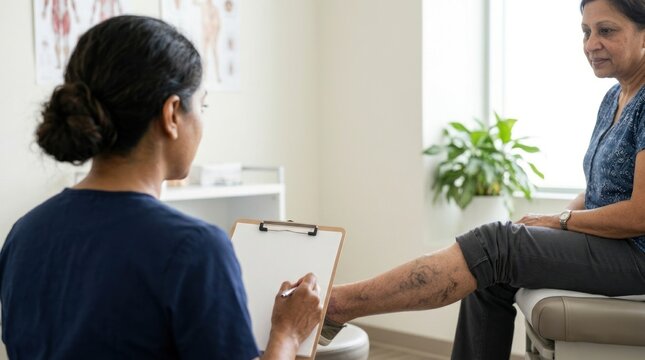 Female healthcare professional examines patient's leg in medical office with anatomical charts visible