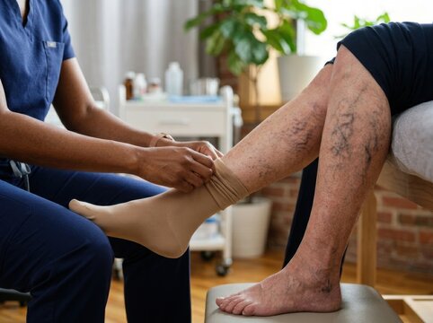 A dark skin young nurse in blue scrubs applies a compression stocking to an elderly fair skin patient with varicose veins.