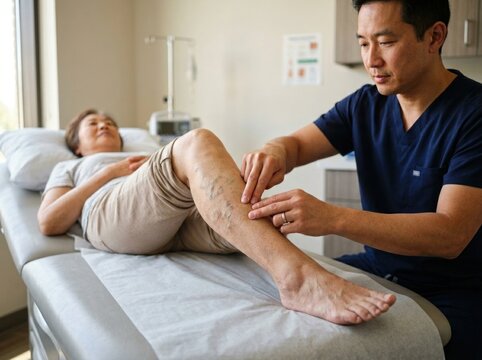 Doctor examining varicose veins on older female patient's leg