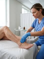 Obraz premium Caucasian middle-aged clinician checks the fair skin leg of an elderly patient with varicose veins during a medical consultation.