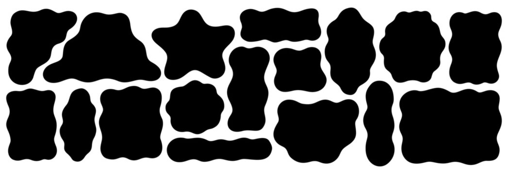 Wavy Organic Rectangle Text Box Set. Square Zigzag Frame Vector Silhouette. Curvy Hexagon, Star, Oval and Triangle Shapes for Label, Badge. Smooth Blot Asymmetric Sticker for Modern Promo Design.