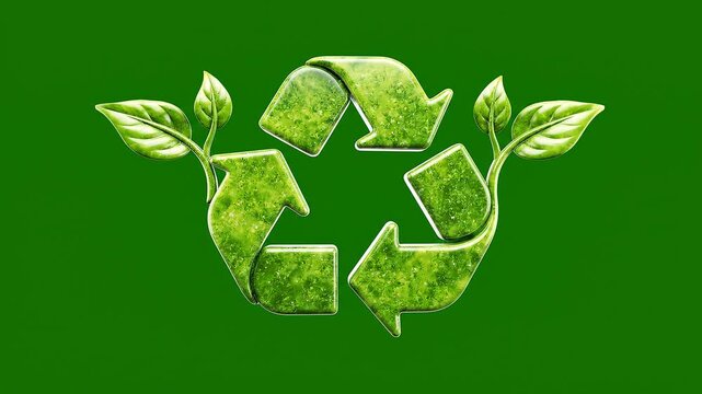 3D Floating Green Recycle Icon with Leaves on Green Background
