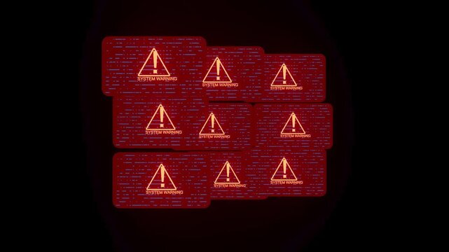 Multiple system warning alarms displayed on screens in a dark setting during a technology failure at night.