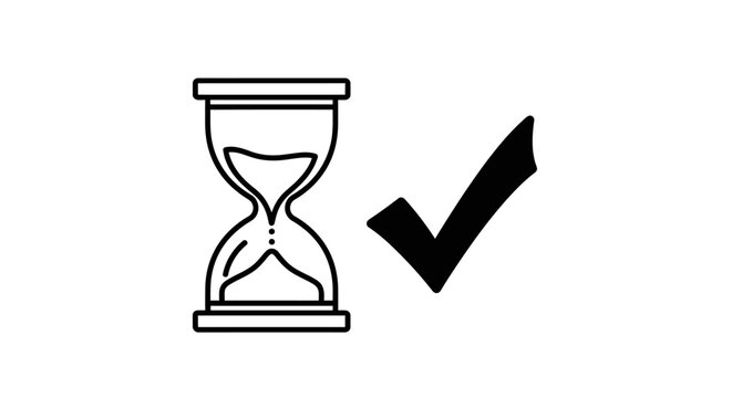 Hourglass icon stands beside a bold checkmark symbol to symbolize the completion of a task within a designated timeframe, representing efficiency and punctuality in a professional work environment.