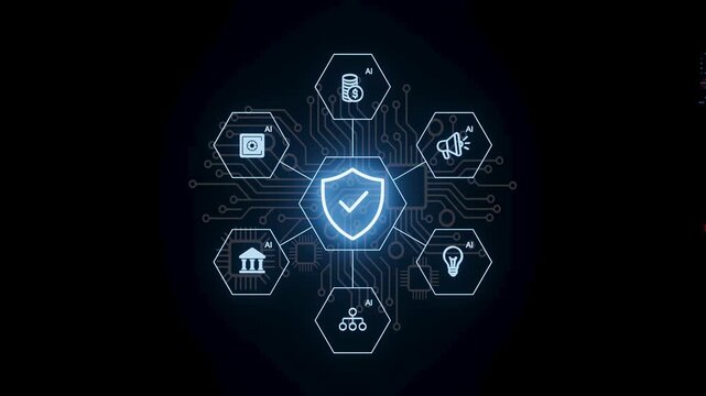 Secure tech design with multiple AI elements and a central shield symbol showing data protection features and applications.
