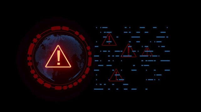 Red alert sign with warning icons and digital patterns displayed on a dark background showing global data security threat.