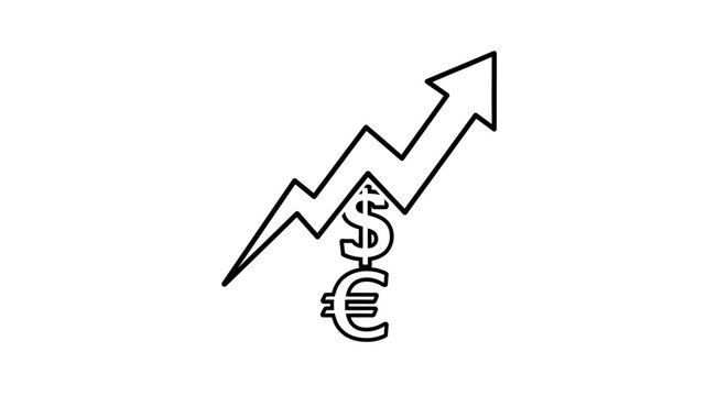 Currency symbols showing a dollar and euro sign on a rising arrow graph indicate positive financial growth and economic success for international markets looking to optimize their portfolio returns.